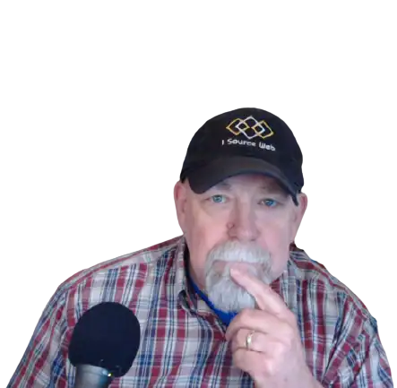 Close-up of thoughtful man wearing "I Source Web" cap and plaid shirt with microphone.